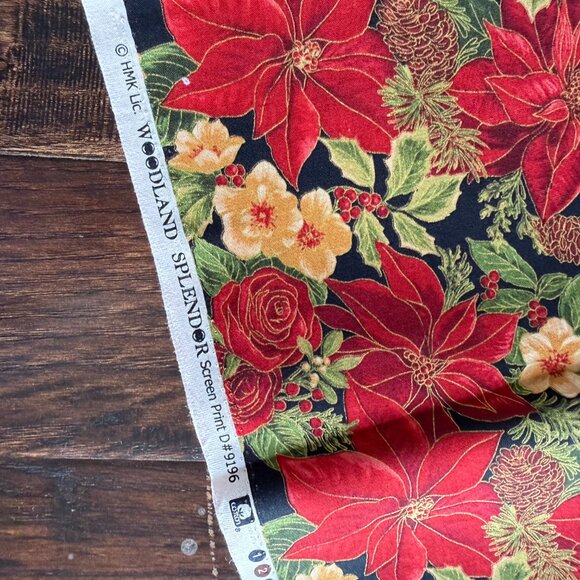🎄 Woodland Splendor Christmas Fabric – Red Poinsettias, Pinecones & Gold Accent - Picture 4 of 4